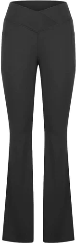 Vista 5 de Leggings acampanados cruzados para mujer, cintura alta, corte en V, corte de bota, pantalones de yoga acampanados con bolsillos