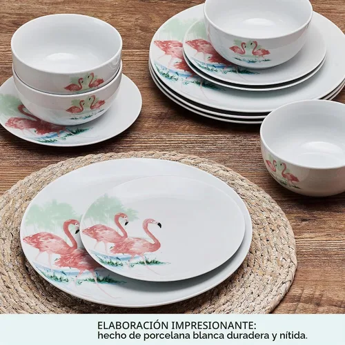 Vista 4 de Studio Nova Flamingo Haven Tropical juego de vajilla de 12 piezas, platos y cuencos, para 4 comensales