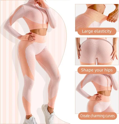 Vista 4 de Conjunto de 3 piezas de trajes de entrenamiento sin costuras para mujer, leggings deportivos de yoga y brasier deportivo elástico para fitness