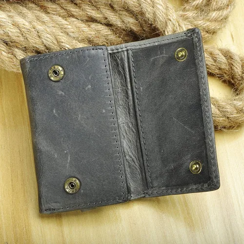 Vista 6 de Le'aokuu Funda de cuero genuino para llave de coche con gancho para monedas, billetera a presión, Gris, Cartera grande