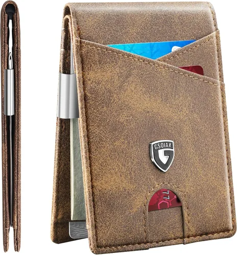 Vista 40 de GSOIAX Cartera delgada de cuero plegable RFID para hombre, billetera minimalista con bolsillo frontal con clip para dinero, 12 ranuras para Negro
