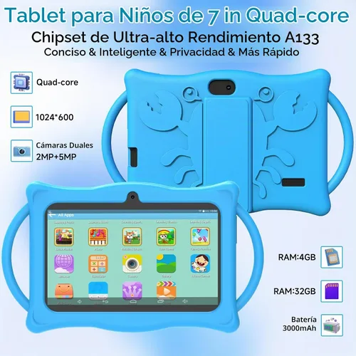 Vista 3 de Tablet Android Kids de 7 pulgadas, Tablets para Niños, 4 GB de RAM 32 GB ROM Quad Core Tablet para niños pequeños con funda a prueba de golpes