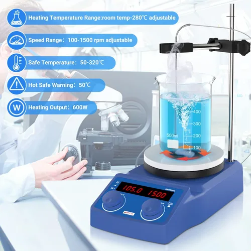Vista 5 de FOUR E'S SCIENTIFIC Placa caliente con agitador magnético de 5 pulgadas, temperatura máxima 280℃/536°F Capacidad máxima de agitación 5L