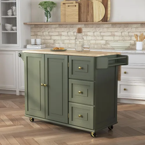 Vista 3 de Homestyles Carrito móvil de isla de cocina con parte superior de madera y barra de desayuno con hoja desplegable, 18" de profundidad x 53.5" de Verde