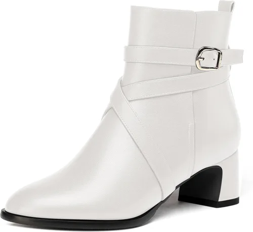 Vista 22 de WAYDERNS Botas altas de tobillo con hebilla casual para mujer, con correa de tobillo sólida mate, tacón bajo y grueso, 2 pulgadas