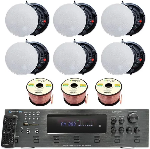 Vista 10 de Technical Pro Kit de sistema estéreo para el hogar - Amplificador Bluetooth de 6 canales 6000 vatios w/ 6 x 8” Framed Ceiling Speakers 300 W