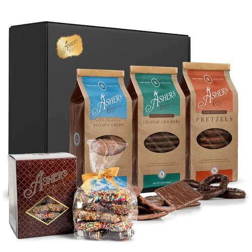 Vista 7 de Asher's Chocolates Caja de regalo navideña, listo para envolver, surtido de leche y chocolate negro, chispas de chocolate con leche, Graham