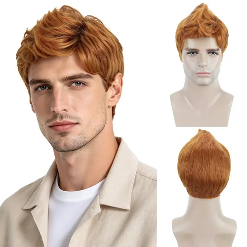 Vista 9 de Peluca corta BERON para hombre y chico, para fiesta temática, peluca con gorro de peluca Marrón claro