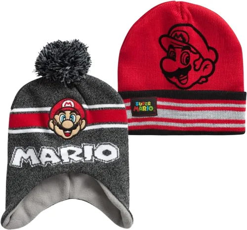 Vista 2 de Nintendo Super Mario Bros. Gorro de invierno para niños, paquete de 2 gorros Super Mario Pom Pom (4-7), talla 4-7, edad 4-7