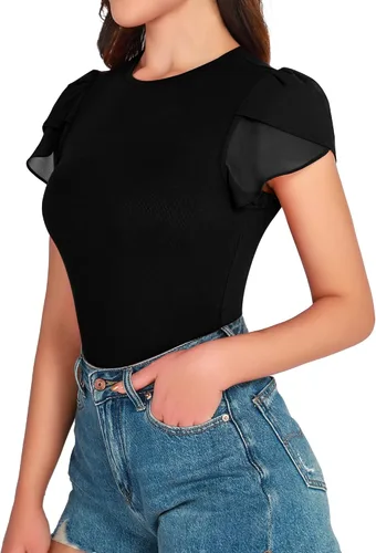 Vista 3 de MANGOPOP Short Sleeve Bodysuit for Women Round Neck Womens Tops Blouses Tops for Going Out