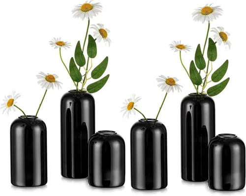 Vista 10 de Glasseam Juego de 12 jarrones negros, jarrones de cristal únicos para decoración, bonitos jarrones pequeños a granel, jarrón moderno estético