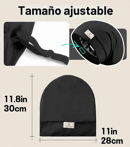 Vista 4 de SECZIPE 2 piezas de cofia de satén de seda para envolver el cabello para dormir, con correa ajustable para cabello rizado, gorras nocturnas Negro