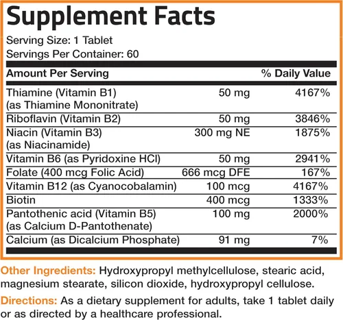 Vista 6 de Bronson Complejo de vitamina B Super B de liberación lenta sostenida (vitamina B1, B2, B3, B6, B9 - ácido fólico, B12) contiene todas las vitaminas