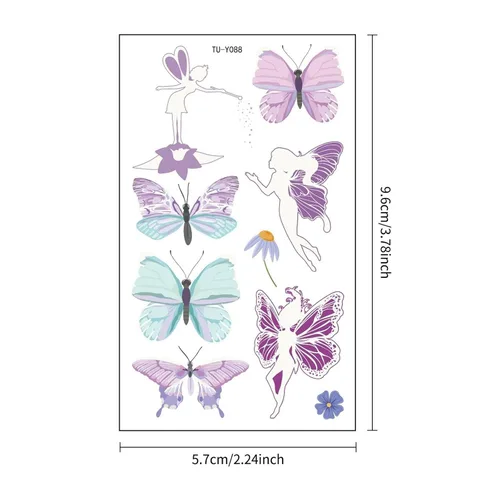 Vista 5 de 10 hojas de tatuajes temporales de mariposa que brillan en la oscuridad para niños, diseño de hadas, caricaturas, fluorescentes, para fiestas