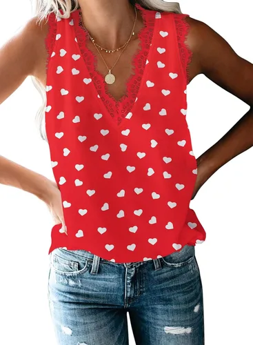 Vista 133 de VIISHOW - Camiseta sin mangas, sexy, con cuello en V y bordes de encaje para mujer, camisola de vestir, camisas de gasa, sin mangas, casuales