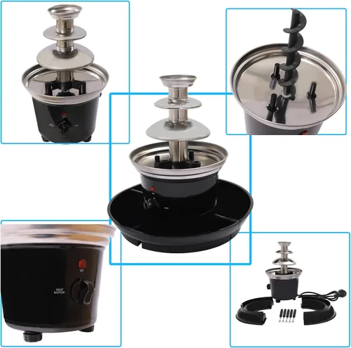 Vista 8 de Fuente de chocolate de 3 niveles de 120 V, 40 W, acero inoxidable negro, capacidad de 1 libra, con bandeja de alimentos y 6 tenedores para fiestas