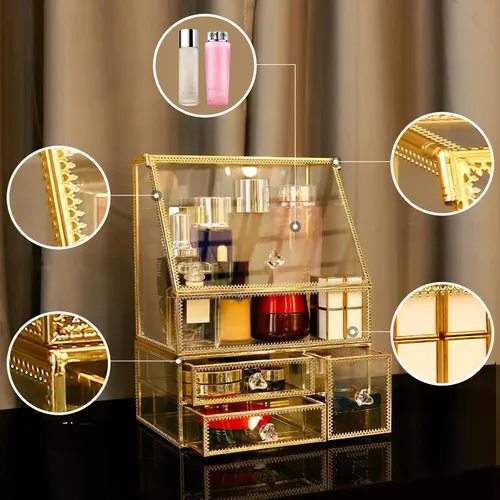 Vista 5 de Organizador de maquillaje de vidrio grande con cajón, juego de almacenamiento de belleza, organizador de mostrador de baño, exhibición de cosméticos