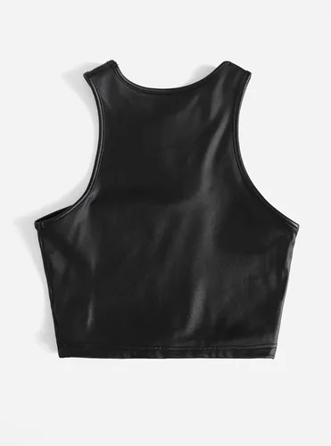 Vista 2 de SheIn Camiseta corta sin mangas asimétrica de piel sintética con cuello redondo para mujer