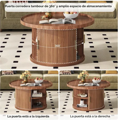 Vista 5 de IRONCK Mesa auxiliar, mesa de centro redonda de 31.5 pulgadas con almacenamiento y puerta corrediza de tambor, mesa central acanalada para sala
