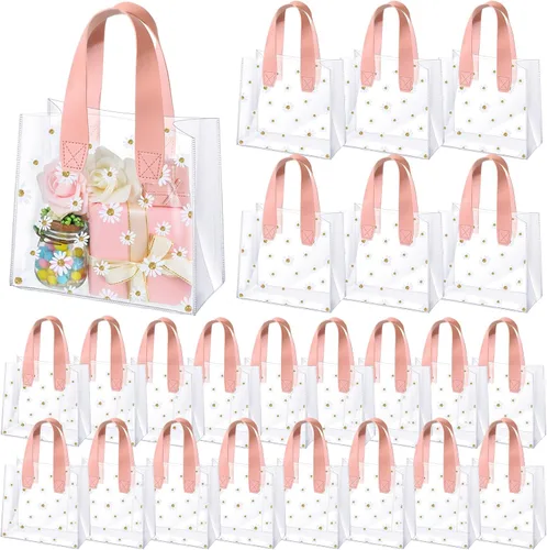 Vista 7 de Clysee 24 bolsas de regalo transparentes con asas, bolsa de plástico transparente con margaritas, reutilizable, bolsa de PVC transparente, embalaje
