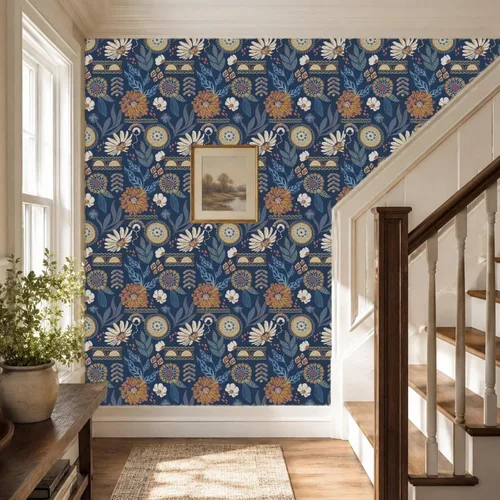 Vista 3 de Papel tapiz floral bohemio azul marino de 17.7 x 118 pulgadas