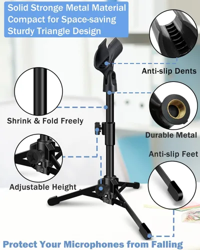 Vista 3 de Soporte de Micrófono de Escritorio Portátil Trípode Plegable con Soporte de Clip de Micrófono y Tornillo Macho de 5/8 Pulgadas a Hembra de 3/8