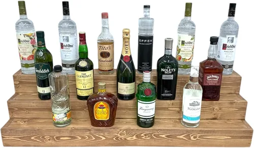 Vista 11 de Estantería de exhibición escalonada hecha a mano, exhibición de barra de tres niveles, organizador de barra, exhibición de botellas de licor