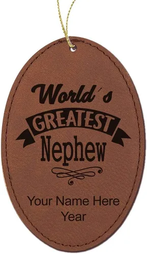Vista 11 de LaserGram Personalized Christmas Ornament, World's Greatest Nephew, Faux Leather, Custom Laser Engraved Gift Idea (Oval Shape, Black with Gold)