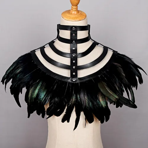 Vista 5 de L'VOW Real Negro Pluma Arnés Collar Collar Collar Babero Halloween