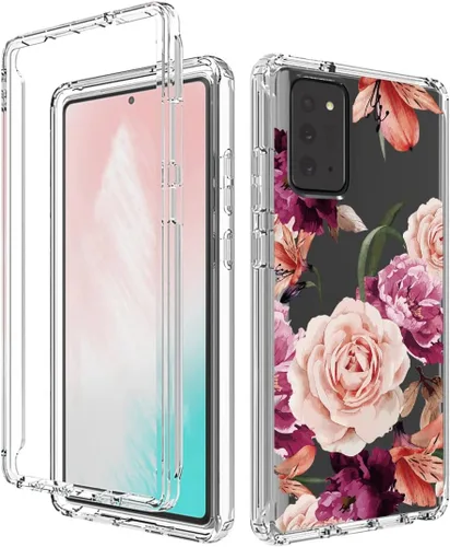 Vista 6 de Funda para Galaxy Note 20 5G, SM-N981U con protector de pantalla de vidrio templado, patrón floral transparente, funda protectora de cuerpo completo