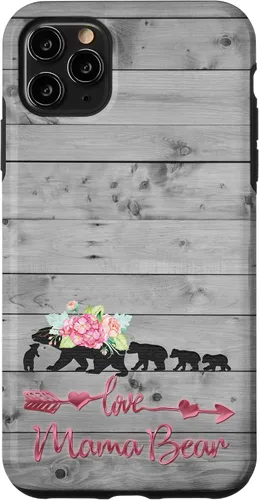 Vista 13 de Pink Floral Black Mama Bear Four Cubs on Vintage Gray Rustic Case for iPhone 17