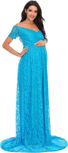Vista 3 de ZIUMUDY Vestido de maternidad floral de encaje con hombros descubiertos para fotografía Maxi manga corta Baby Shower Vestido de dama de honor