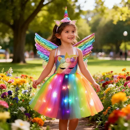 Vista 2 de Disfraz de unicornio para niñas con luz LED, tutú de princesa para disfraz de Halloween, regalo de cumpleaños y Navidad Arco iris profundo+ala