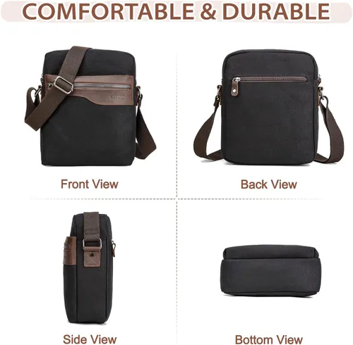 Vista 5 de VASCHY Bolsa de mensajero pequeña, bolso cruzado de lona de cuero vintage para hombres y mujeres para trabajoviajes