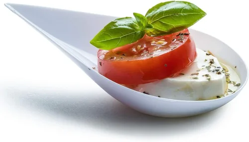 Vista 8 de DLux 100 mini platos de aperitivo de 4 pulgadas con tenedores, cucharas de plástico blanco reutilizables, platos para servir postres y aperitivos
