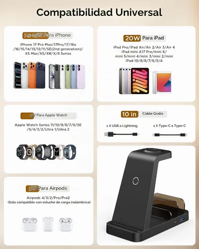 Vista 3 de Cargador inalámbrico para iPhone - Estación de carga 5 en 1 para múltiples dispositivos Apple: Soporte de carga rápida inalámbrica para iPhone 17
