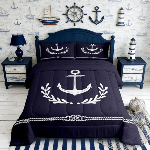 Vista 45 de Juego de edredón Lake House tamaño Twin, juego de ropa de cama náutica de navegación con ancla de 2 piezas para decoración de habitación de niños