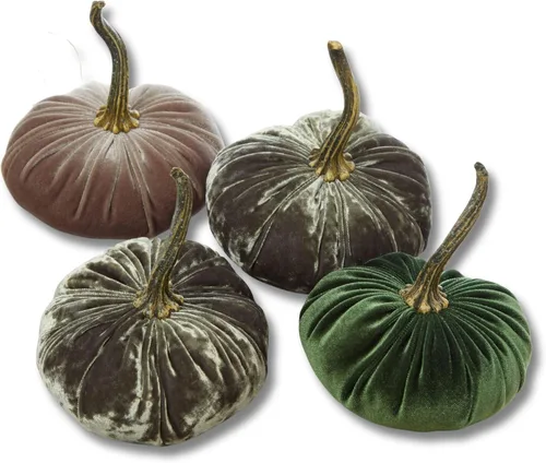 Vista 19 de Juego de 4 pequeñas calabazas de franela de terciopelo y algodón, decoración a cuadros de búfalo blanco y negro, estantes de calabaza negra