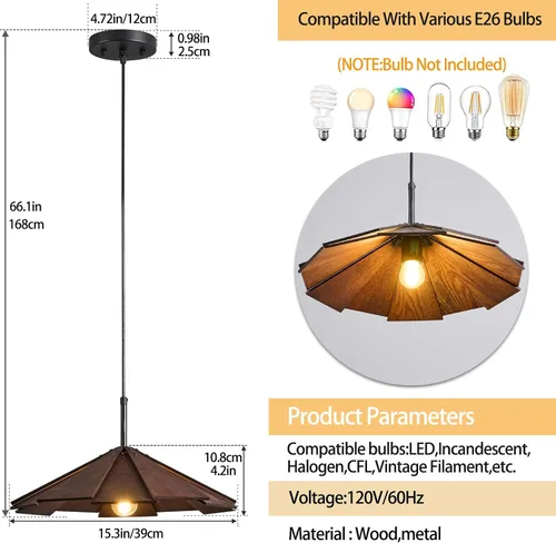 Vista 6 de Lámpara colgante de madera de granja, lámpara colgante de techo, moderna lámpara de techo ajustable para isla de cocina, comedor, sala de estar