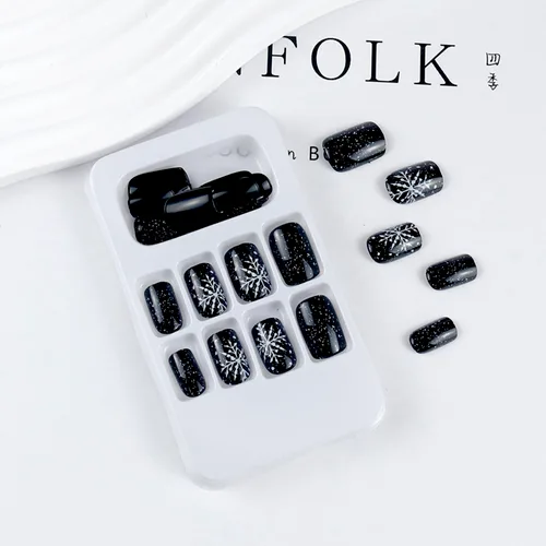 Vista 6 de Uñas postizas a presión con copos de nieve, uñas postizas cuadradas cortas de Navidad, uñas acrílicas negras con purpurina, kit de uñas postizas