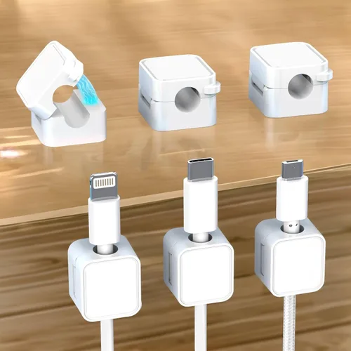 Vista 8 de Paquete de 6 soportes magnéticos para cables negros, clips adhesivos para cable de escritorio y automóvil, organizador de cables para mesita