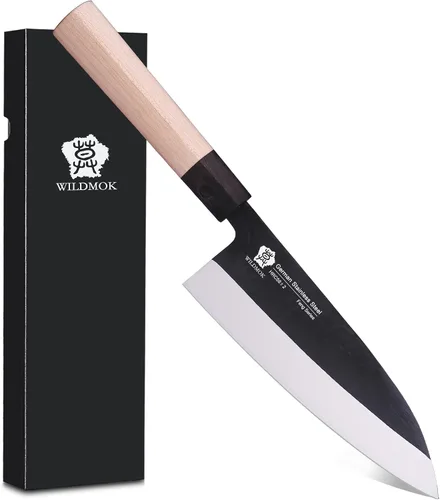 Vista 10 de WILDMOK GYUTO - Juego de 4 cuchillos de chef de sushi Yanagiba-Deba-Nakiri-Utilidad, cuchillos de fileteado de pescado con hoja de acero alemán