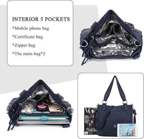 Vista 5 de Angel Kiss Hobo - Bolsos de hombro para mujer, grandes, suaves, de piel sintética lavada, a rayas, bolsos cruzados