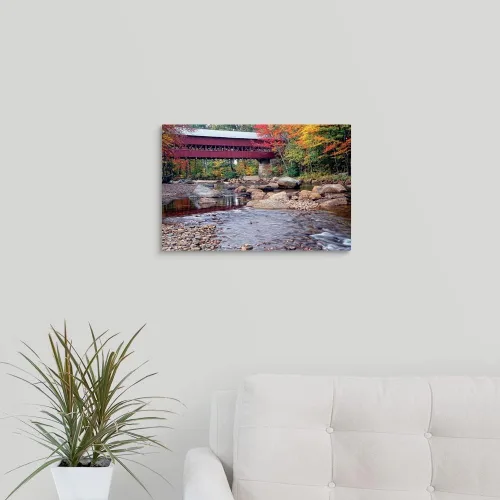 Vista 2 de GREATBIGCANVAS Lienzo decorativo de otoño con puente cubierto de Nueva Inglaterra, arte de decoración del hogar, fotografía de paisaje para oficina