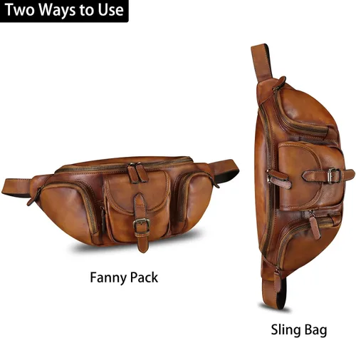 Vista 2 de Riñonera de cuero genuino para hombres y mujeres, bolso bandolera de cuero real, bolso cruzado de moda, bolso de cintura de moda, Marrón, Riñonera