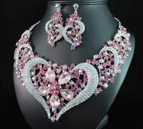 Vista 4 de janefashions de corazón babero collar arete set N1620nupcial de vidrio rhinestone de Austria (Rosa)