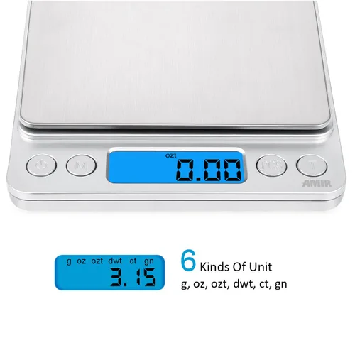 Vista 3 de Báscula digital de cocina, 17.64 oz/0.00 oz, báscula de joyería de bolsillo con pantalla LCD retroiluminada, 2 bandejas, 6 unidades, función de tara