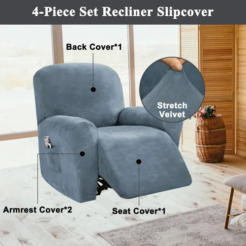 Vista 2 de Aedlcal Fundas para silla reclinable, 4 piezas, con bolsillo lateral, de terciopelo suave y elástico, para niños y mascotas, protector de muebles