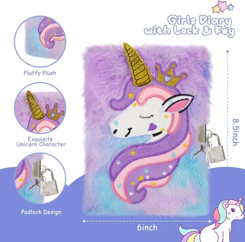 Vista 3 de homicozy Diario de unicornio para niños con cerradura y llave, diario difuso de teñido anudado para niñas de 6 años en adelante, cuaderno de tapa