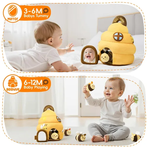 Vista 5 de Juguetes para bebés de 6 a 12 meses - Juguete infantil de colmena con 5 abejas sensoriales, animales de peluche, crujido, sonajero, espejo y música